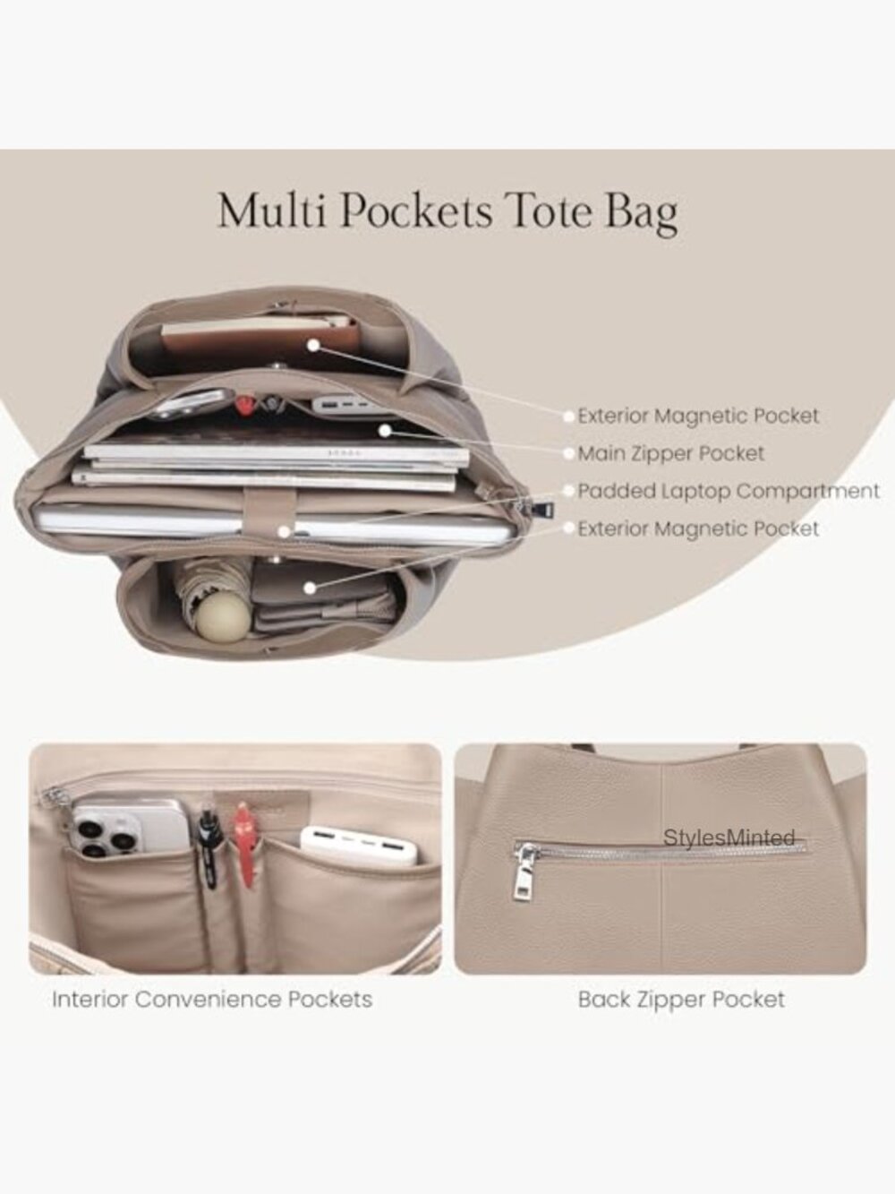 Genuine Leather Tote Bag for Work, Laptop Tote Shoulder Purse with Compartments - Picture 3 of 7